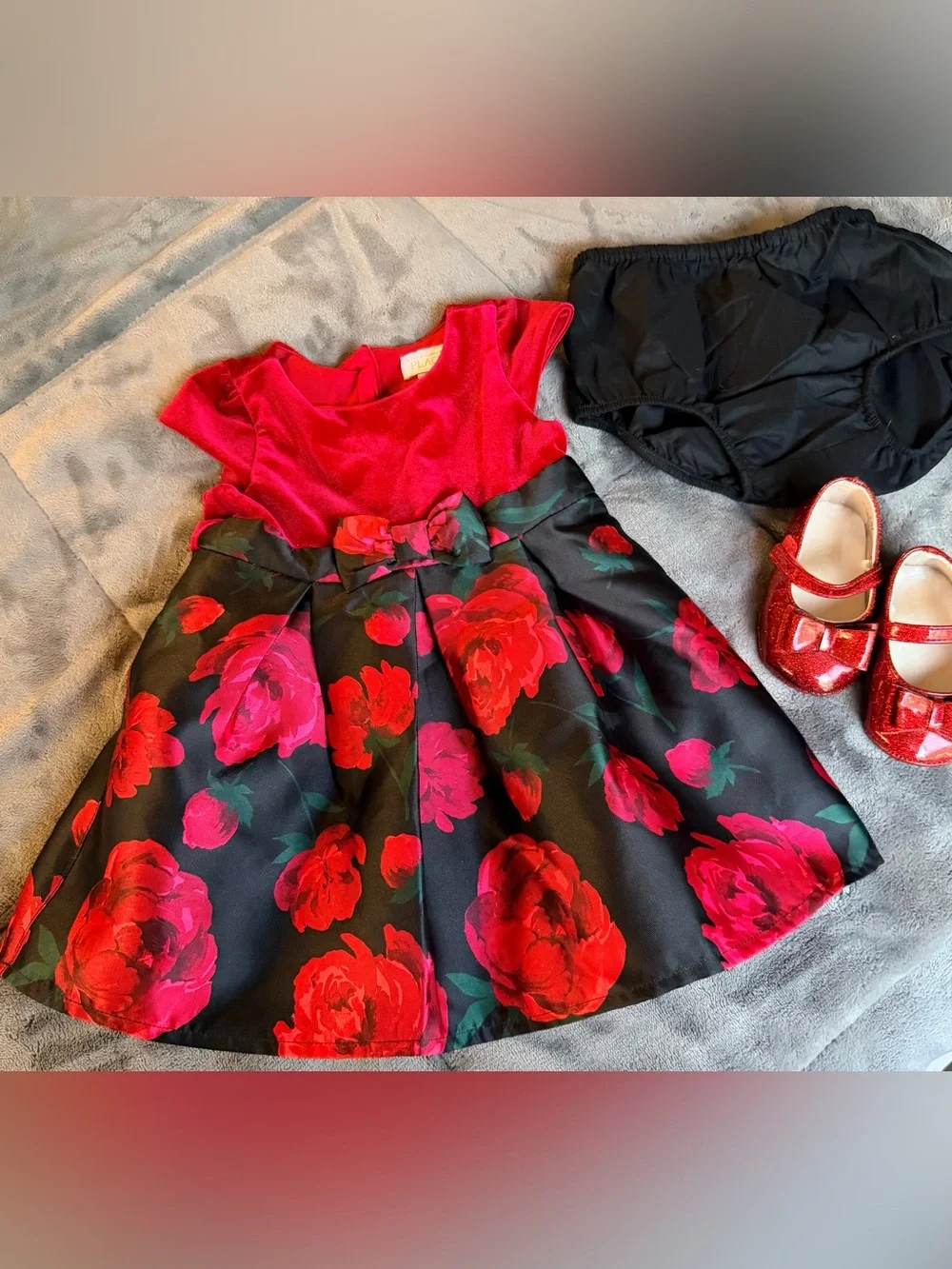 The Children's Place Red Velvet & Black Floral Party Dress